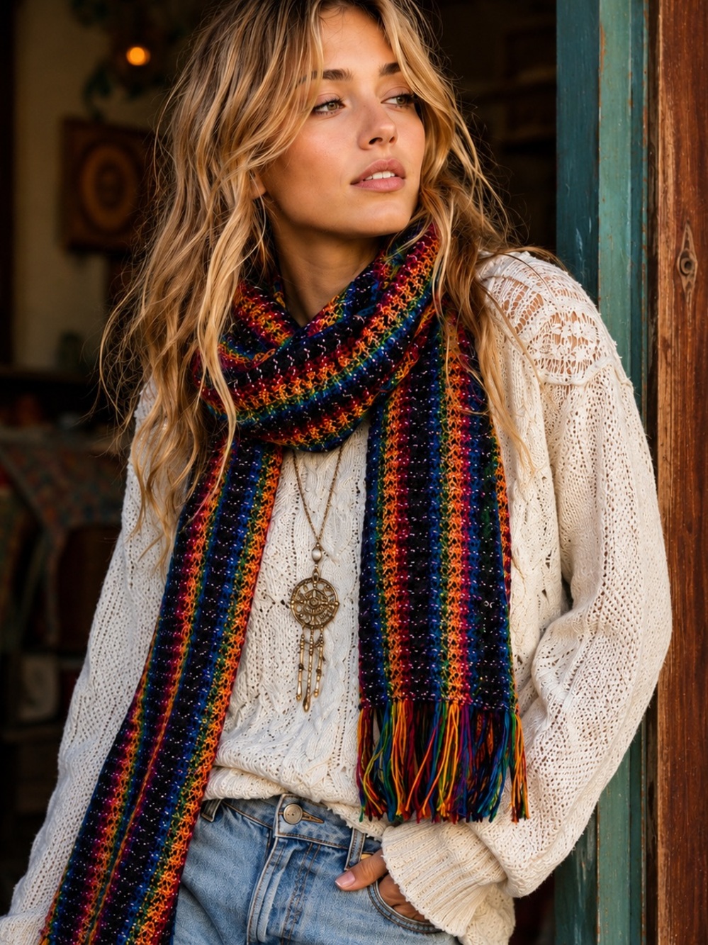 Jarka Alpaca Rainbow Scarf Fringe Boho Festival Colorful Knit Wrap Like New